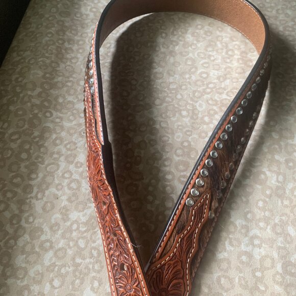 Western Tooled Hair-on Studded Belt 32” - Picture 7 of 11